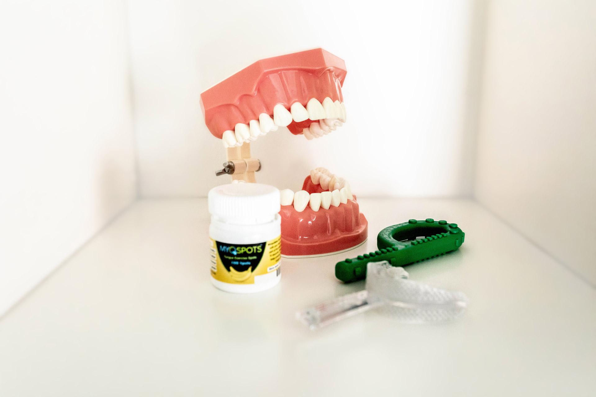 OMFT bij logopedie logolangdorp Foto van een kunstgebit en attributen van OMFT therapie
